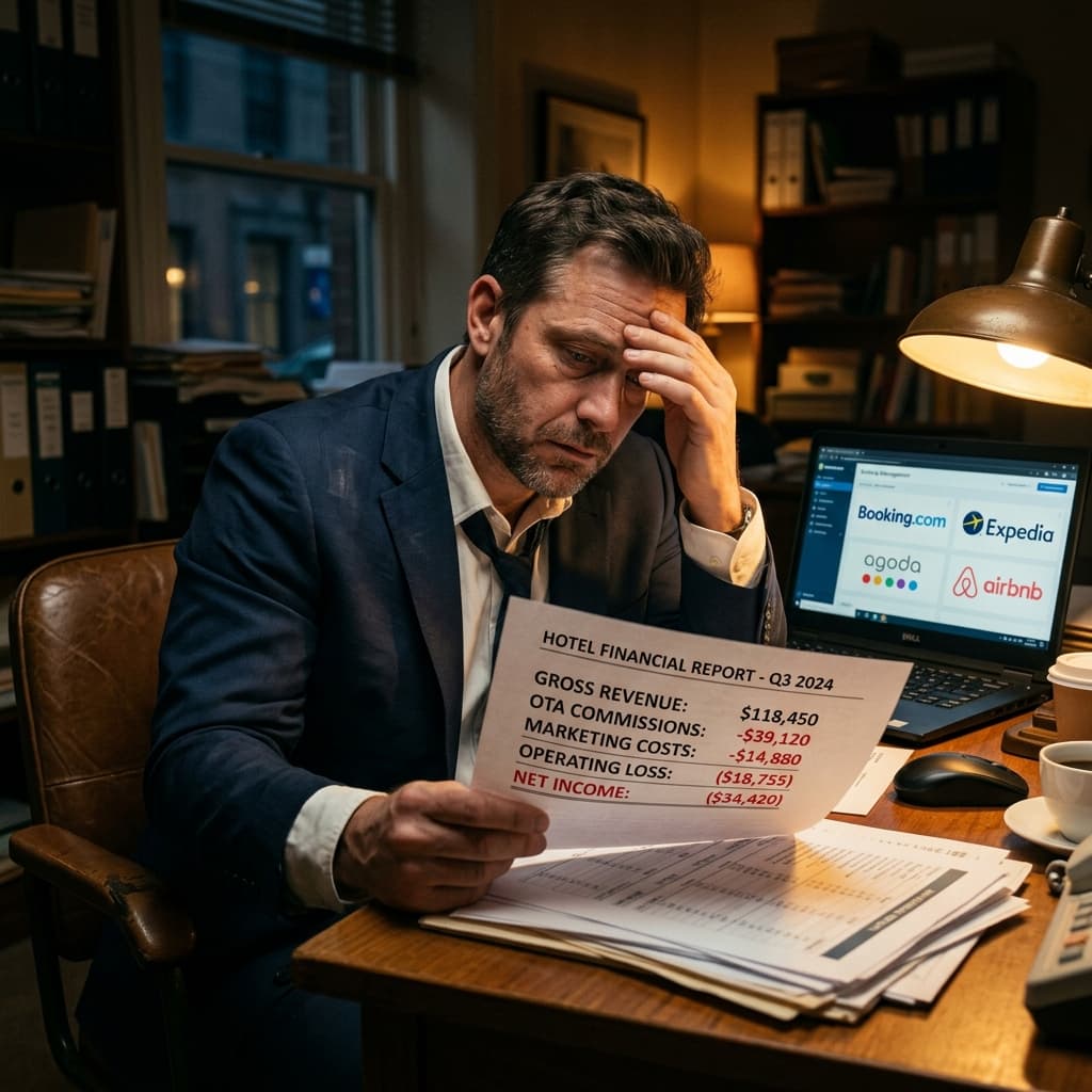 Hotel manager reviewing profit and loss spreadsheet, stressed, OTA logos visible on laptop in background