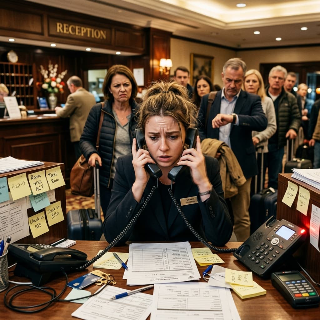 Overwhelmed hotel receptionist juggling multiple phone calls with a queue of guests waiting behind