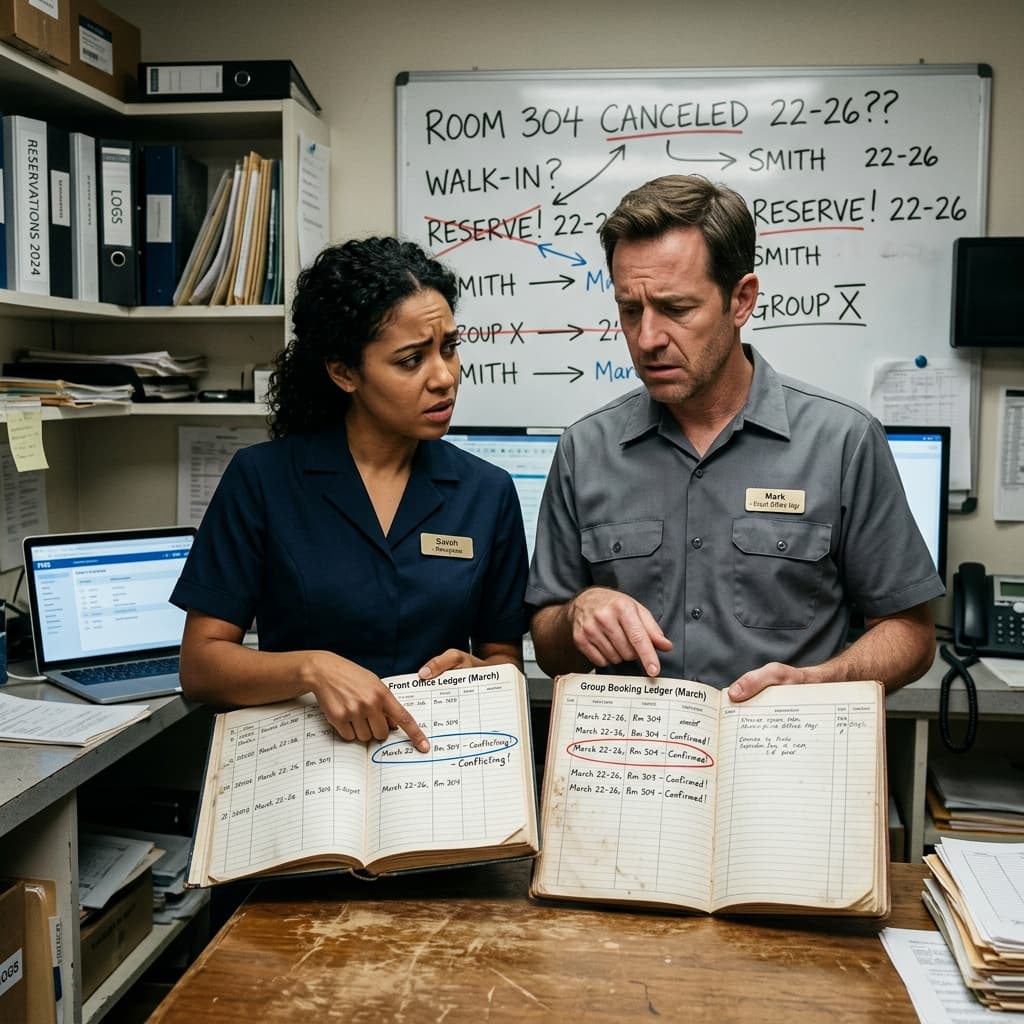 Two hotel staff comparing mismatched booking records on different boards, confused expressions