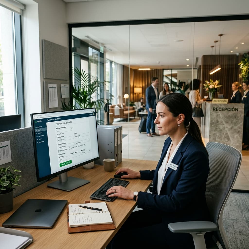 Hotel manager creating a coupon discount offer on a partner portal dashboard, coupon codes visible on screen