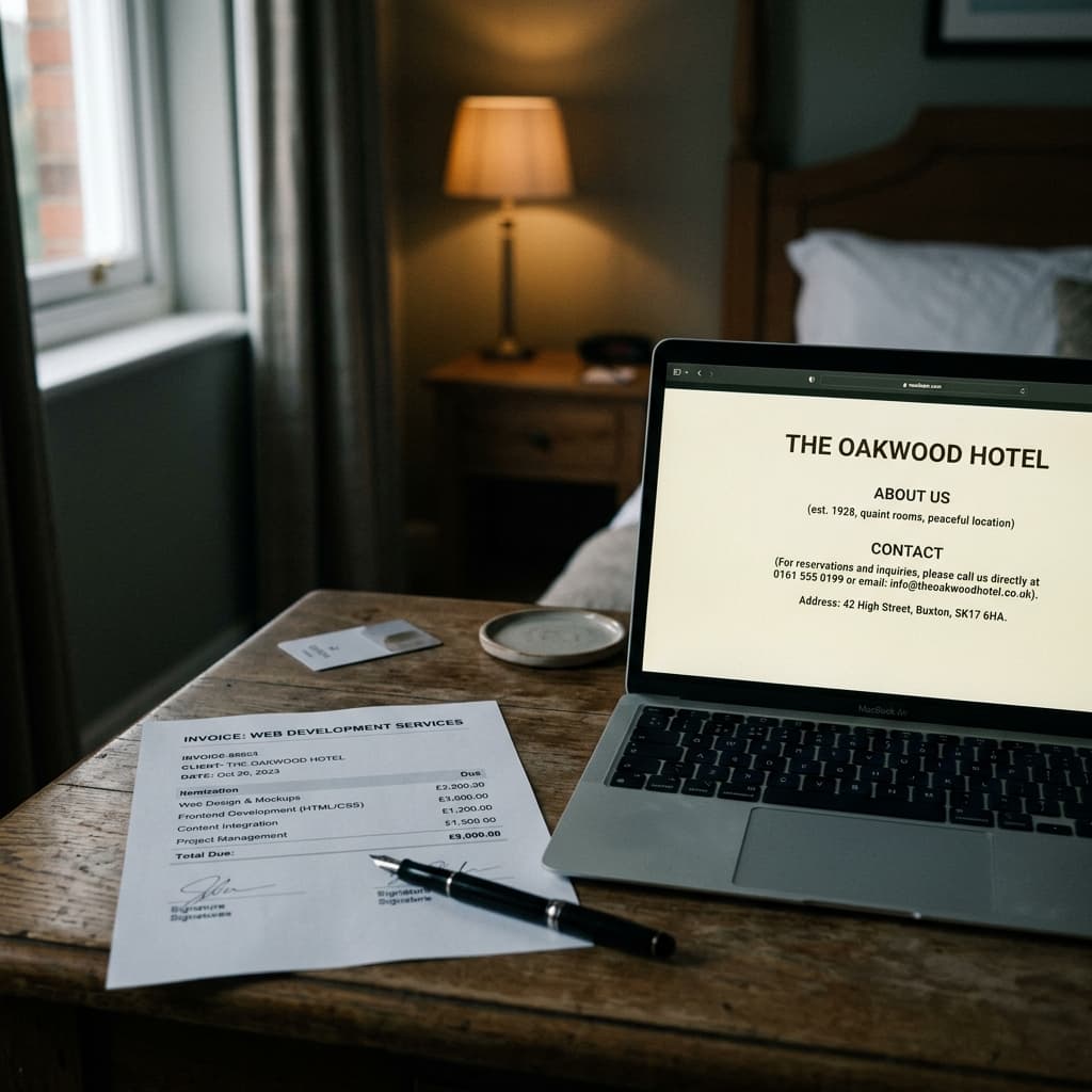 Expensive developer invoice on a desk next to a very basic, informational hotel website displayed on a monitor