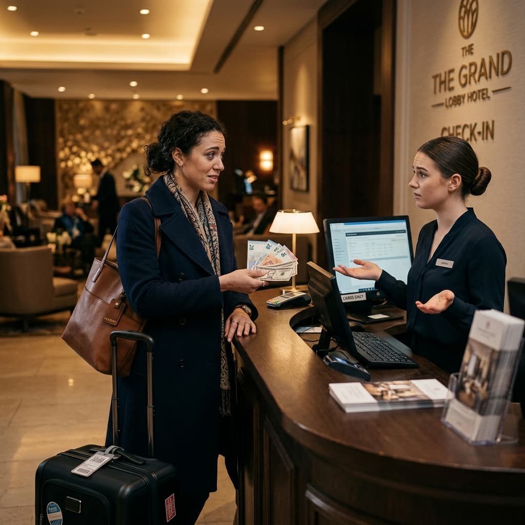 International traveller at hotel check-in holding foreign currency, staff looking apologetic about payment options