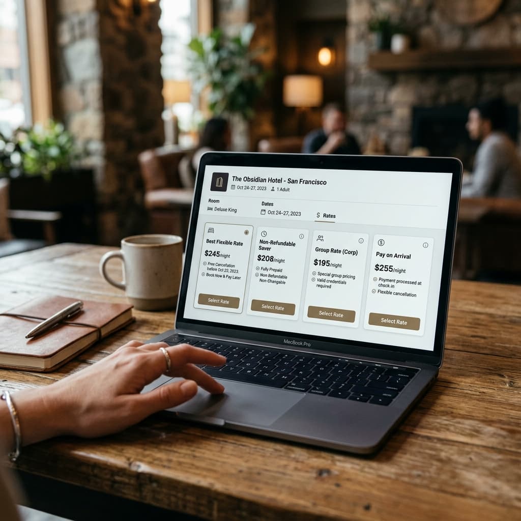 Hotel booking screen showing multiple rate plan options side by side, guest carefully comparing flexible vs non-refundable rates